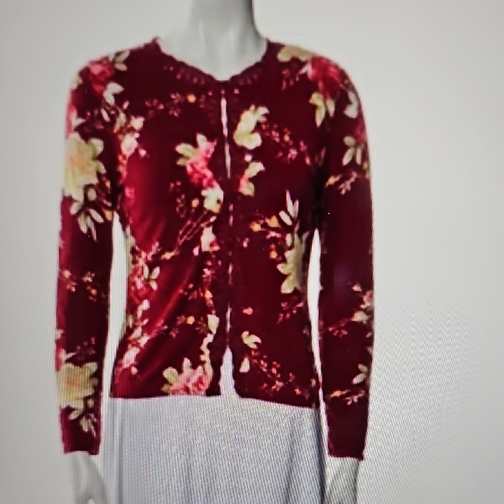 Blumarine Red Floral Cardigan with Cream and Pink Accents